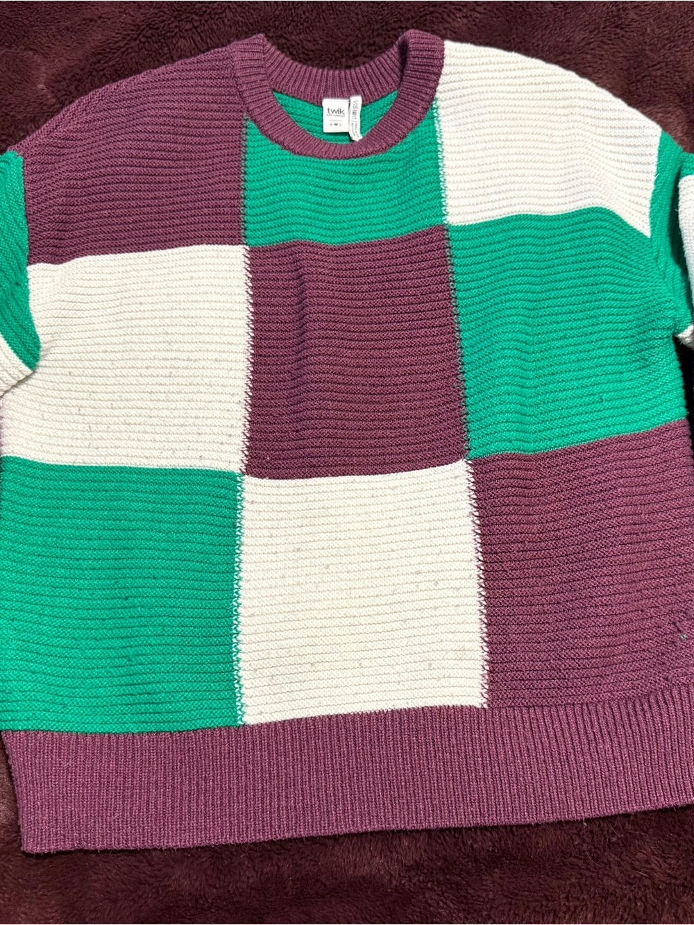 Simons Colorblock Crewneck Sweater in Purple, Green & Cream